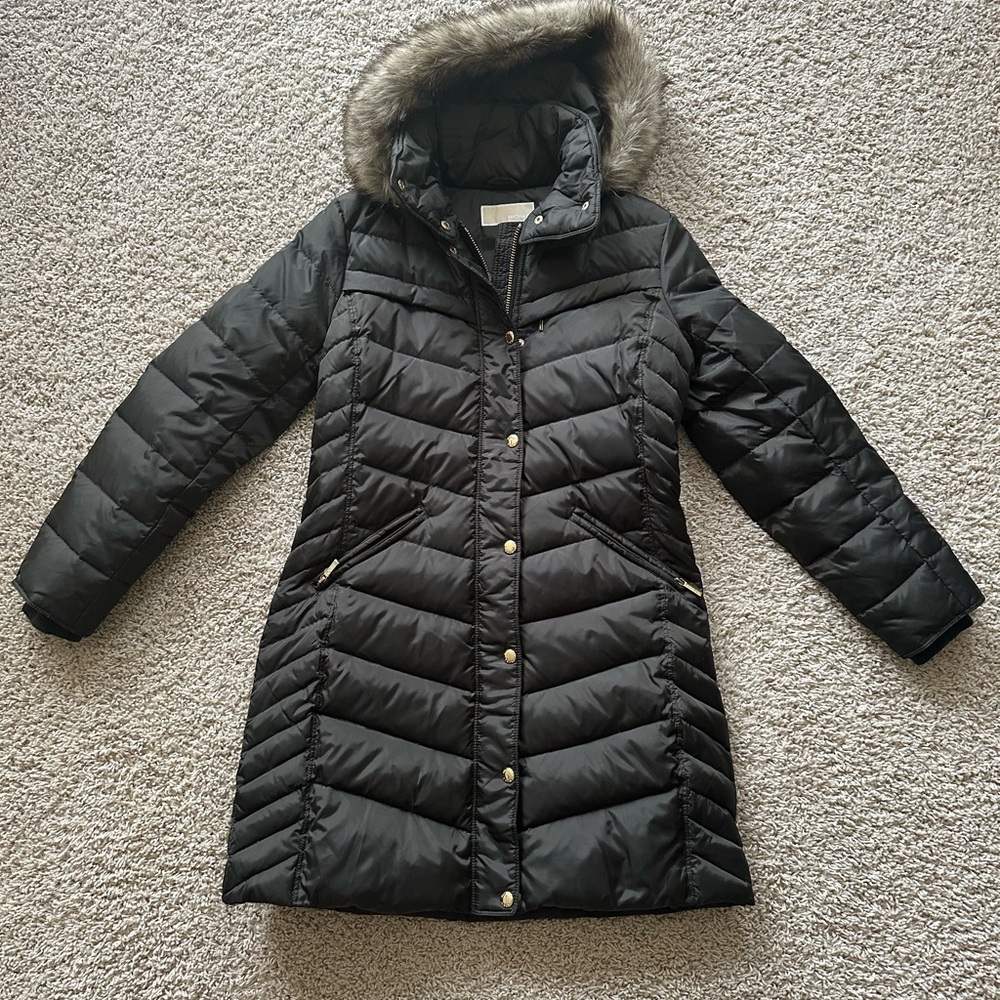 NWOT Michael Kors Faux-Fur-Trim Hooded Puffer Coat. Dark Moss